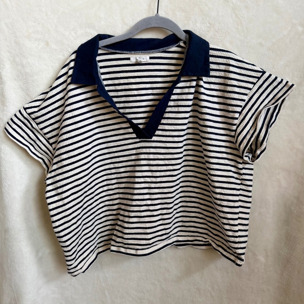 Maurices Navy‎ Stripe Collared Crop Top Sz XXL Cotton Polo V-Neck Boxy